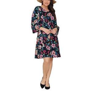 Denim & Co L Multicolor Black Floral Bell Sleeve Fit & Flare Dress